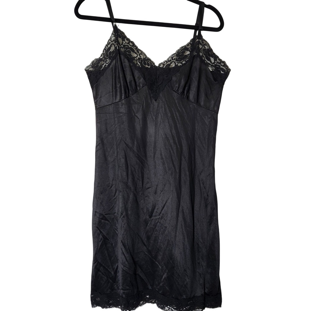 Vintage Style Black Lace Trim Full Slip Dress Adjustable Straps Lingerie